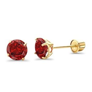 Solid 14K Yellow Gold Red Garnet CZ Stud Earrings w/ Screw Back 5mm